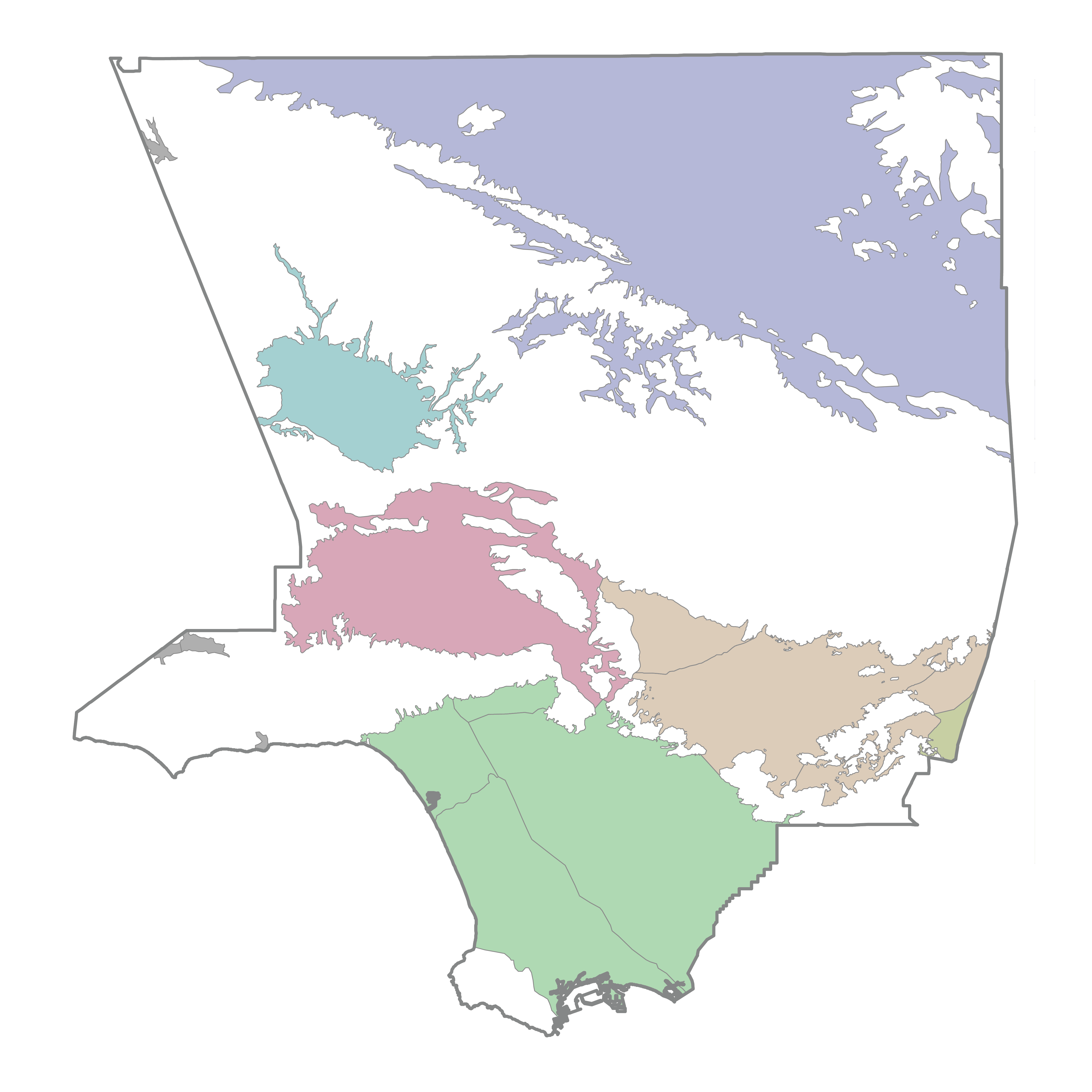 A map of LA county that that showcases the different groundwater basins in LA county.  There are 6 groundwater basins shown on the map:  Coastal Plain Basins, Antelope Valley Basins, San Gabriel Basins, San Fernando Basins, Santa Clara Basins, and Chino Basins. 